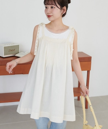 【India】コットンリネン肩リボンレースチュニック