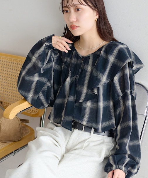 シアーチェックアシメフリルブラウス