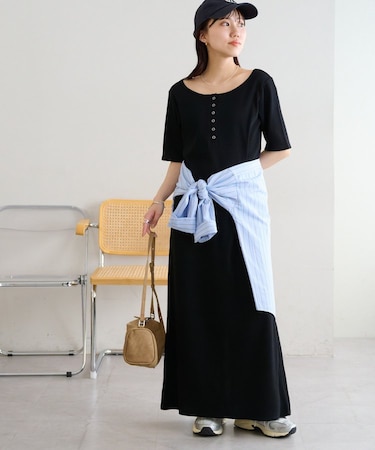 リブリングドットヘンリーカット半袖ワンピース