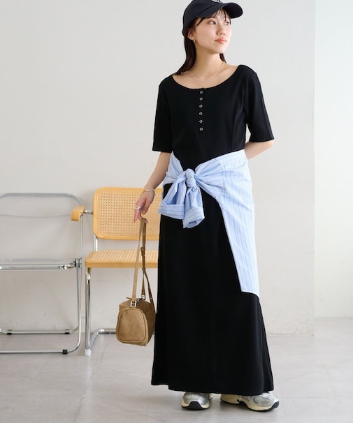 リブリングドットヘンリーカット半袖ワンピース