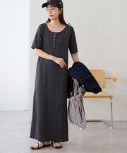 リブリングドットヘンリーカット半袖ワンピース