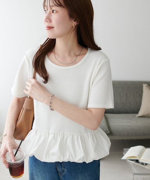 リブ裾バルーン5分袖プルオーバー