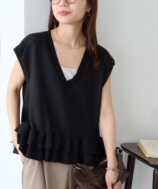 裾フリル深Vフレンチプルオーバー
