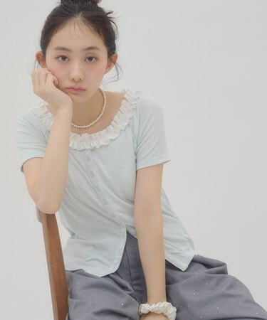 【umm.】衿フリル半袖カットカーディガン
