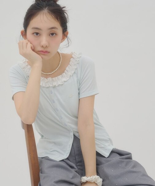 【umm.】衿フリル半袖カットカーディガン