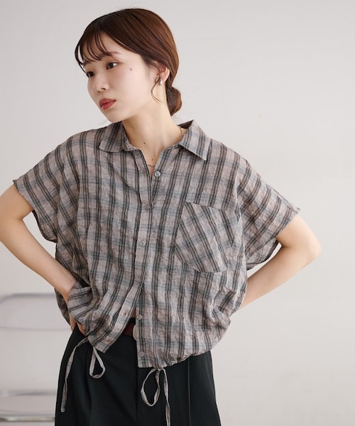mikiosakabe リボン装飾 チェック柄 半袖シャツ