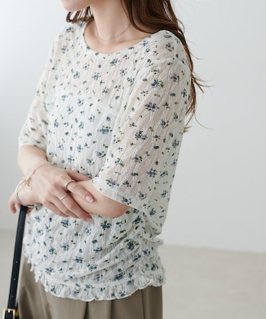 花柄シャーリング半袖プルオーバー