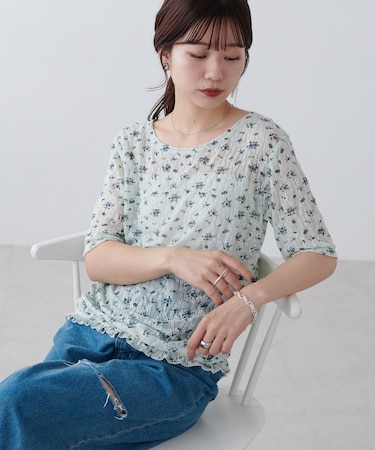 花柄シャーリング半袖プルオーバー