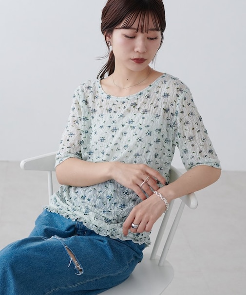 花柄シャーリング半袖プルオーバー