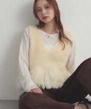 裾フリンジニットベスト