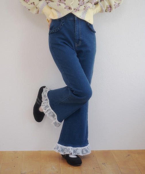 【umm.】裾フリルレースフレアパンツ