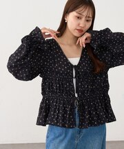前リボン花柄ブラウス