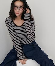 リブUネックロングスリーブ