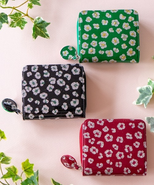 グリッターフラワー ラウンドファスナー 2つ折り財布