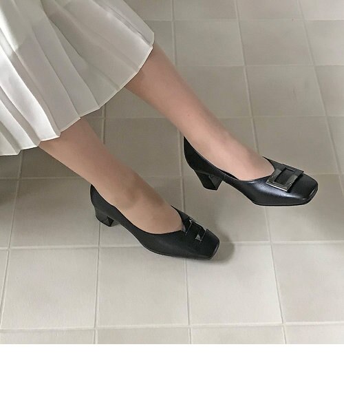 牛革】デザインバックル 5.5cmヒールパンプス｜ハスキーシューズ