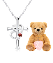 【選べる12誕生石×ダイヤモンド】 クロス ハートネックレス レディース テディベア (ブラウン) セット