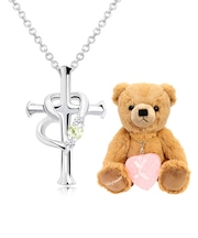 【選べる12誕生石×ダイヤモンド】 クロス ハートネックレス レディース テディベア （ブラウン） セット