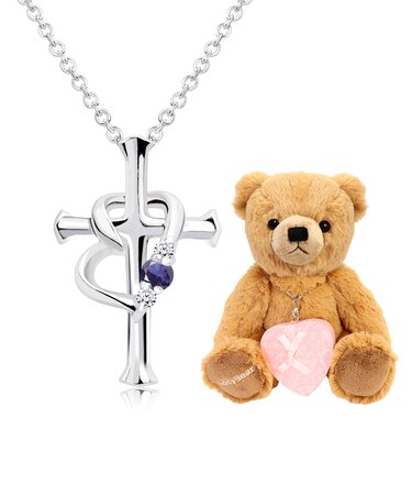 【選べる12誕生石×ダイヤモンド】 クロス ハートネックレス レディース テディベア (ブラウン) セット