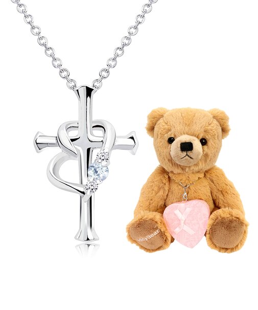 【選べる12誕生石×ダイヤモンド】 クロス ハートネックレス レディース テディベア （ブラウン） セット