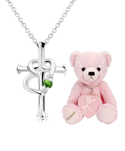 【選べる12誕生石×ダイヤモンド】 クロス ハートネックレス レディース テディベア (ピンク) セット