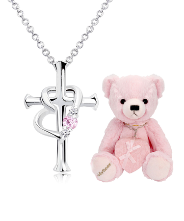 【選べる12誕生石×ダイヤモンド】 クロス ハートネックレス レディース テディベア (ピンク) セット