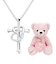 【選べる12誕生石×ダイヤモンド】 クロス ハートネックレス レディース テディベア （ピンク） セット