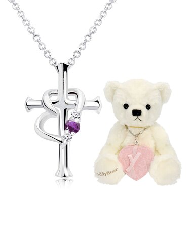 【選べる12誕生石×ダイヤモンド】 クロス ハートネックレス レディース テディベア （ホワイト） セット