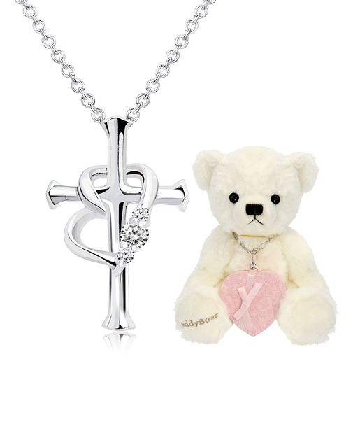 【選べる12誕生石×ダイヤモンド】 クロス ハートネックレス レディース テディベア (ホワイト) セット