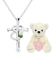 【選べる12誕生石×ダイヤモンド】 クロス ハートネックレス レディース テディベア (ホワイト) セット