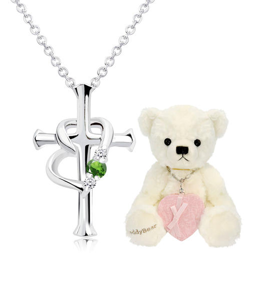 【選べる12誕生石×ダイヤモンド】 クロス ハートネックレス レディース テディベア (ホワイト) セット
