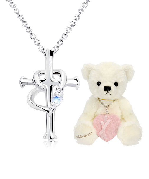 【選べる12誕生石×ダイヤモンド】 クロス ハートネックレス レディース テディベア (ホワイト) セット