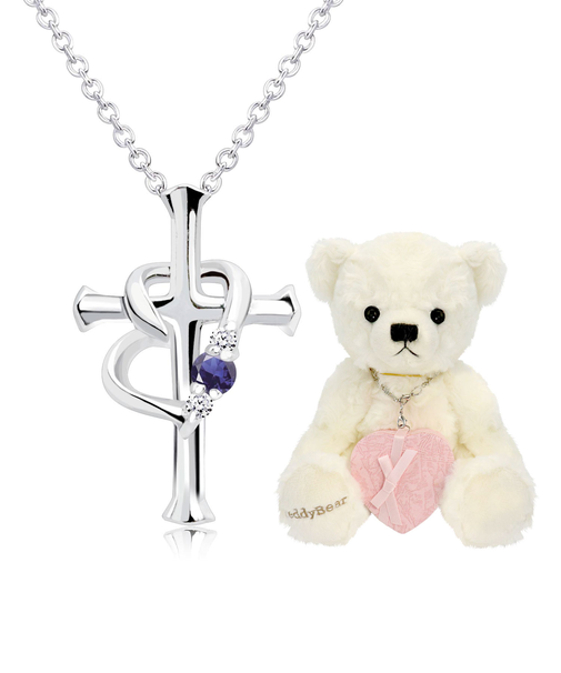 【選べる12誕生石×ダイヤモンド】 クロス ハートネックレス レディース テディベア (ホワイト) セット