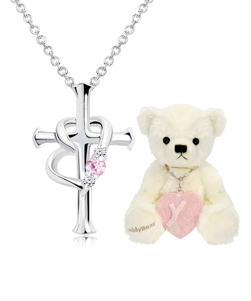【選べる12誕生石×ダイヤモンド】 クロス ハートネックレス レディース テディベア (ホワイト) セット