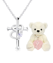 【選べる12誕生石×ダイヤモンド】 クロス ハートネックレス レディース テディベア (ホワイト) セット