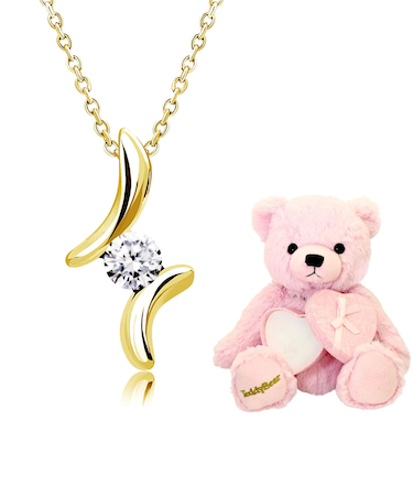 ネックレス キュービックジルコニア ドロップ ピンクゴールド カラー イエローゴールド カラー シルバーカラー テディベア (ピンク)付き