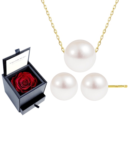 ネックレス レディース 一粒 あこや真珠 パール スタッド ピアス セット プリザーブドフラワー 薔薇 ローズ ボックス