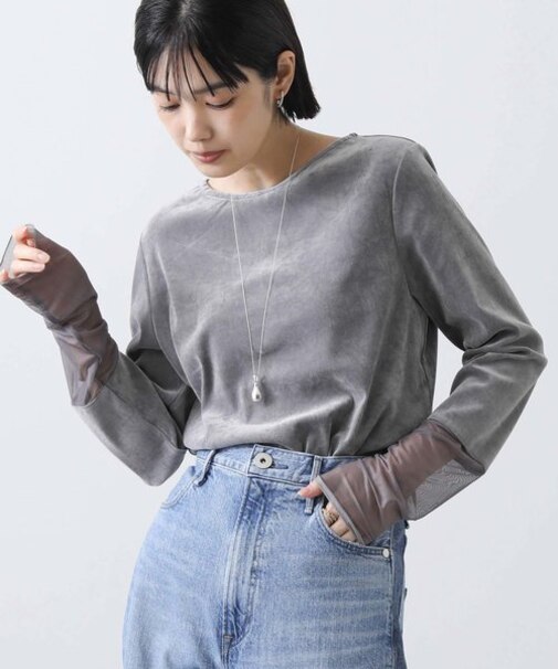 ベロア袖チュールボートネックカットソー