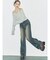 サイドギャザーリボンセミワイドデニムパンツ