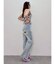 ラインストーンロゴバックスラッシュワイドデニムパンツ
