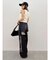 ラインストーンロゴバックスラッシュワイドデニムパンツ