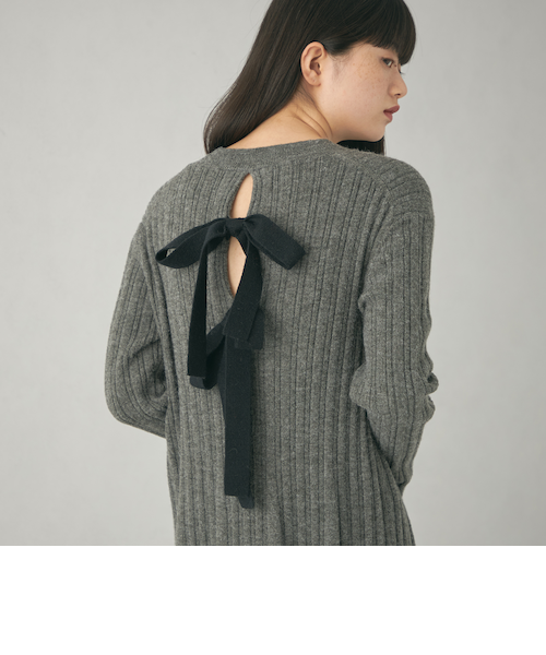 EMMEL REFINES バックリボンスリーブワンピース ネイビー EMMEL REFINES＞EM バックリボン ニットワンピース