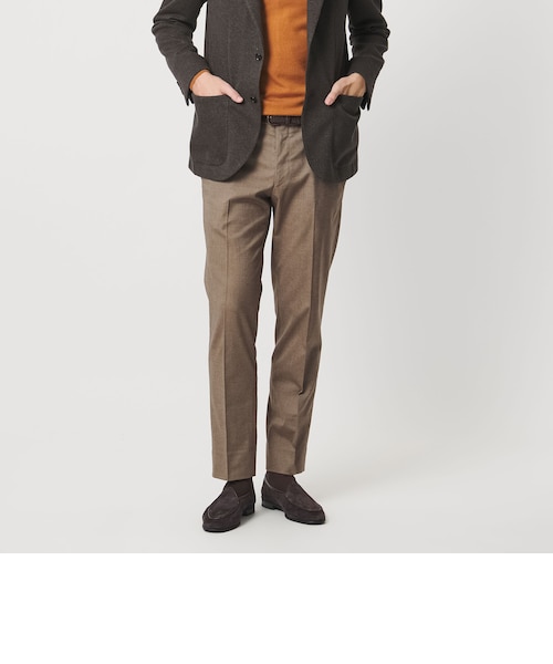 【美品】PLST ノーカラ―パンツスーツ コンフォートリュクス 茶色 S/XS TR オックス サイドエクステンド ノープリーツスラックス COMFORT EASY