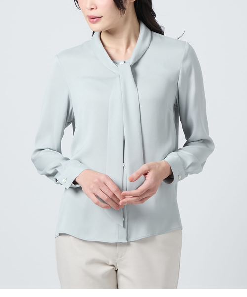 J.PRESS ホワイト長袖ブラウスバックサテンジョーゼットMサイズ 新品タグ付 バックサテンジョーゼット 長袖ボウタイブラウス
