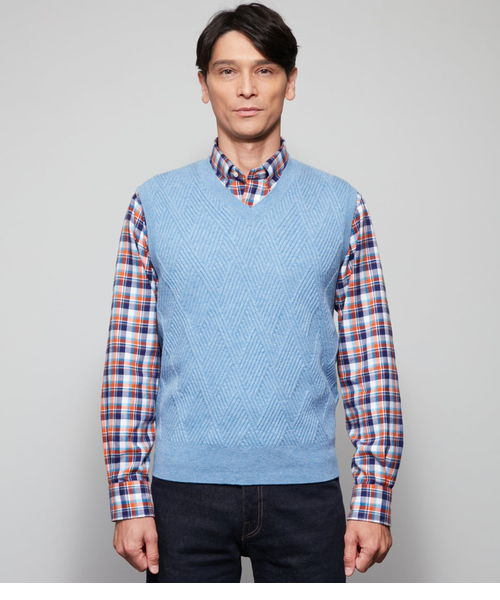 モラビトスペル　ツイード調　ニットベスト　ウール　カシミヤ混　Vネック　38 ウール混 ケーブル柄ニットベスト 【着脱しやすい】【日本製