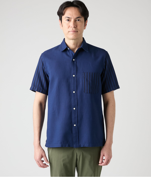 美品　STUDIO PICONE ストライプシャツ切替カットソー　サイズ38 カラミ 切り替えストライプ 半袖ショートポイントカラースクエア