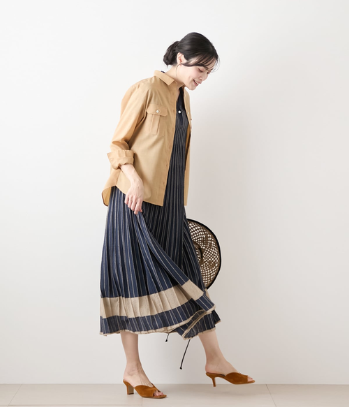 【未使用】定価19470円 リネン100％ 2Way ストライプロングワンピース コットンリネンストライプ スキッパーロングワンピース