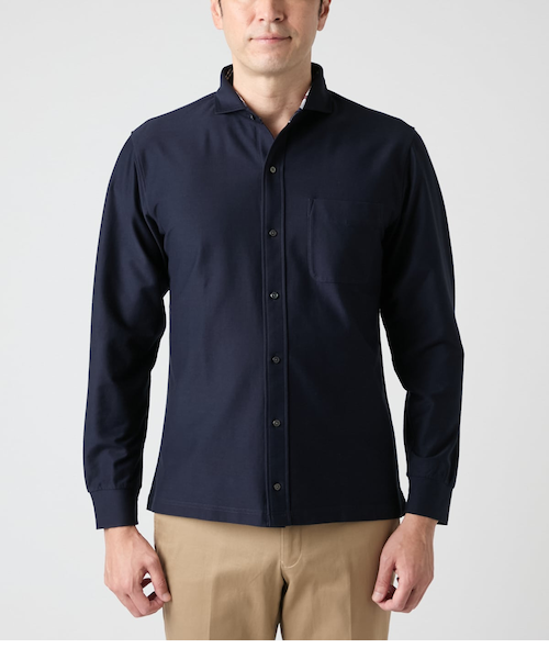 ツイル 前開き 長袖カッタウェイカラーポロシャツ