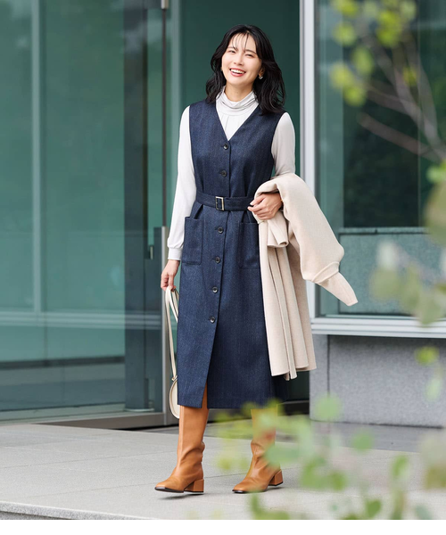 ストレッチ】デニム調メランジストライプ Vネックジャンパースカート