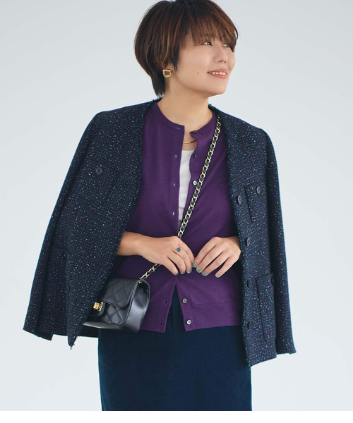 L】ネオンカラーミックスツィード ノーカラージャケット