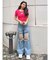 ハイウエストThighs cutデザインダメージワイドデニムパンツ